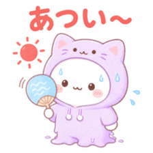 Darudaru Nyanko drenched in sweat while holding a fan. The sticker reads “It’s hot.”