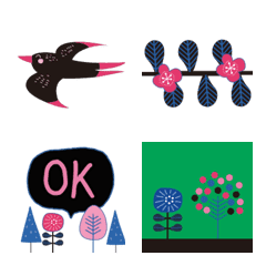 Cats and birds with trees and flowers
