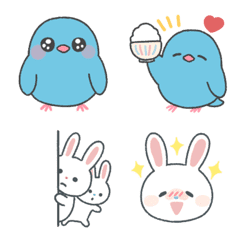 Happy blue bird and twin rabbits