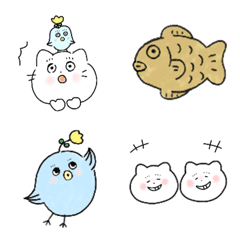 White cat momo, birds and balloon emoji.