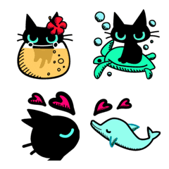 黒猫の動く絵文字　海と夏　毎日　絵中心