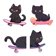 黒い猫とスケボー。絵文字。