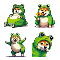 Pixel art fat shiba wearing frog costume