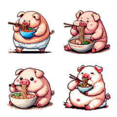 Pixel art fat pig eating ramen emoji