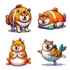 Pixel art fat shiba wearing fish emoji