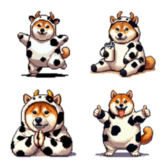 Pixel art fat shiba wearing cow emoji
