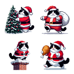 Pixel art christmas fat bicolor cat emoj