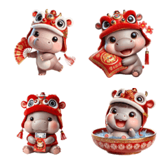 Little Hippo in Chinese Lion Dance Hat