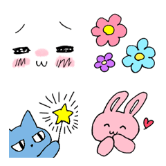 manga-style kaomoji, a rabbit, and a cat
