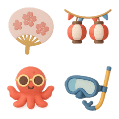 夏  提灯 狐のお面 虫取り網 絵文字