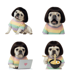 留著鮑伯頭髮、穿著粉彩服裝的狗狗