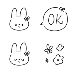 手書きリボンうさぎ☆モノクロ線画絵文字