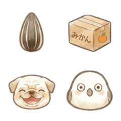 パグとシマエナガの水彩絵文字