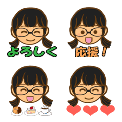 【顔＊絵文字】ふたつ結び女子・黒・メガネ
