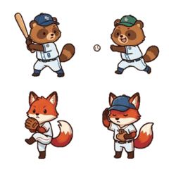 A raccoon and a fox playing baseball